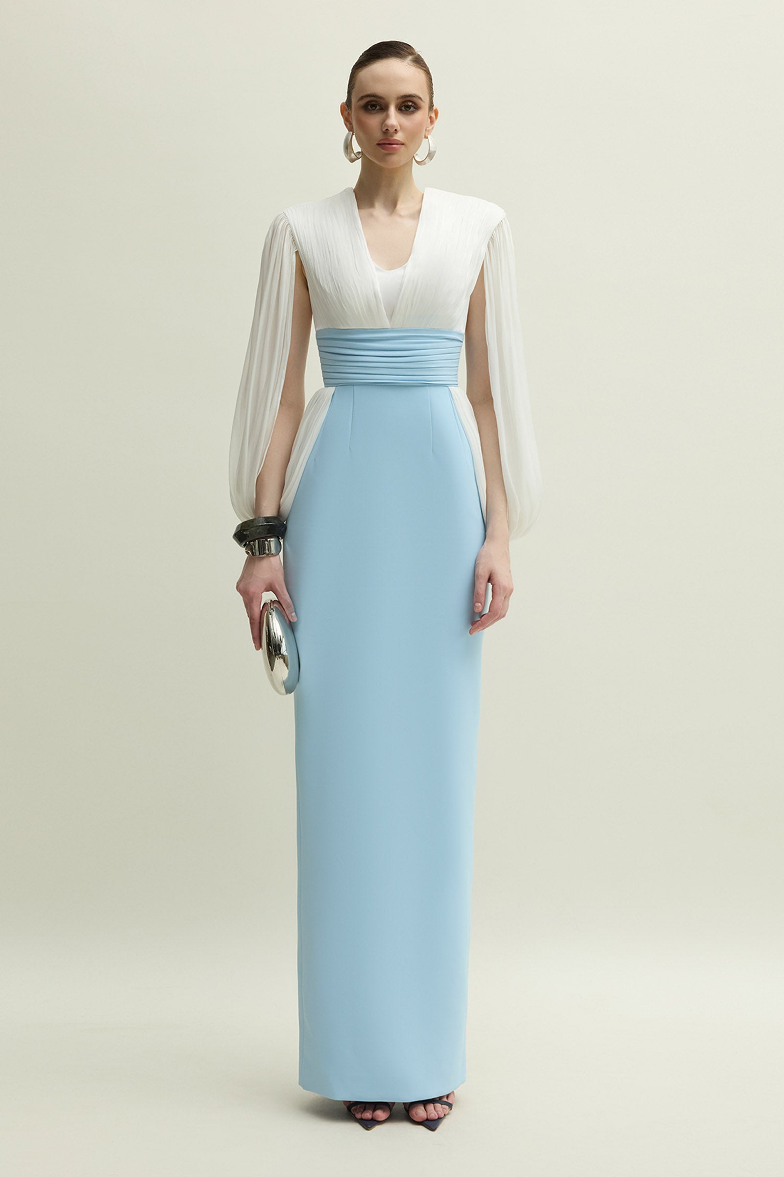 Women's Duchess V-Neck Gathering Maxi Dress S/M/L/XL/XXL/Customize Blue &  White MEAN BLVD