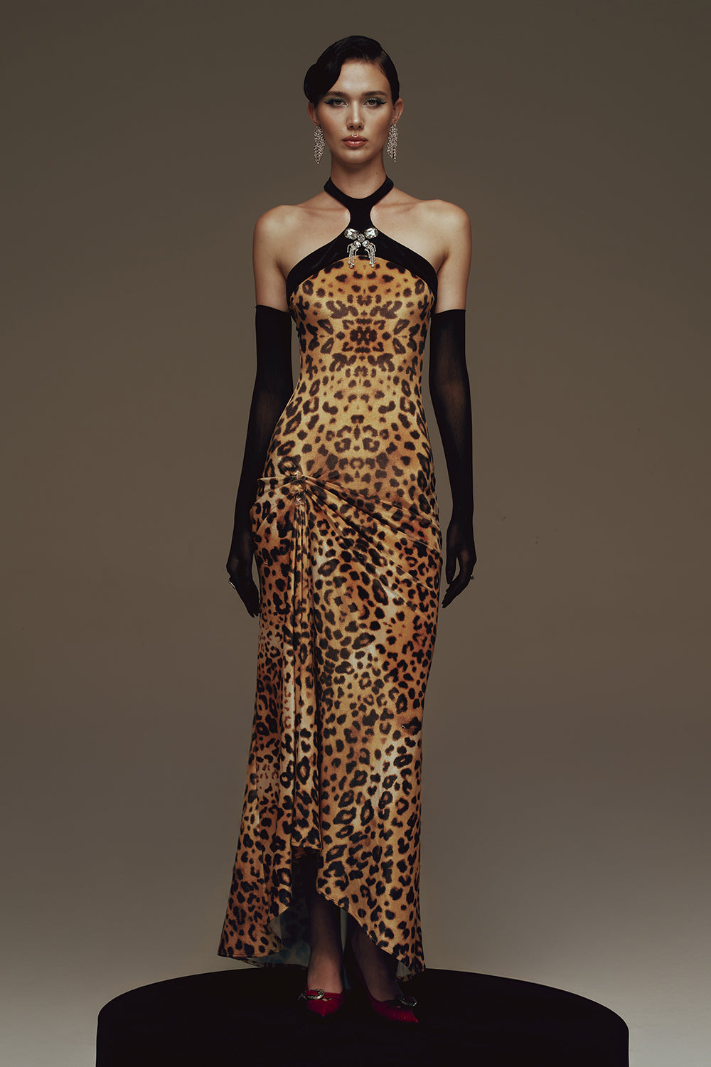 Women's Eartha Halter Gathering Maxi Dress XS/S/M/L/XL/Customize Spicy Mustard & Black Leopard MEAN BLVD Spicy Mustard & Black / XL Women's Eartha Halter Gathering Maxi Dress XS/S/M/L/XL/Customize Spicy Mustard & Black Leopard MEAN BLVD Spicy Mustard & Black / XL