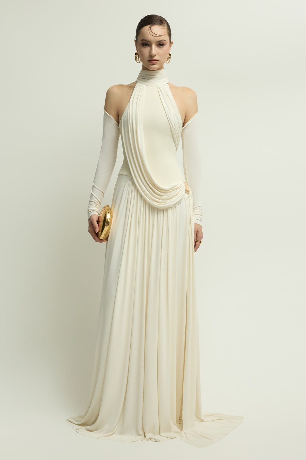 Women's Eira Cold Shoulder Sleeve Draped Maxi Dress S/M/L/XL/XXL/Customize Ivory MEAN BLVD Ivory / L