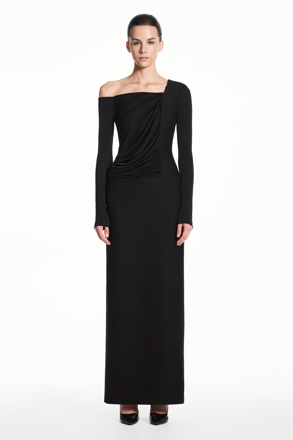 Women's Ena Asymmetric Neck Draped Maxi Dress S/M/L/XL/Customize Black MEAN BLVD Black / S Women's Ena Asymmetric Neck Draped Maxi Dress S/M/L/XL/Customize Black MEAN BLVD Black / S