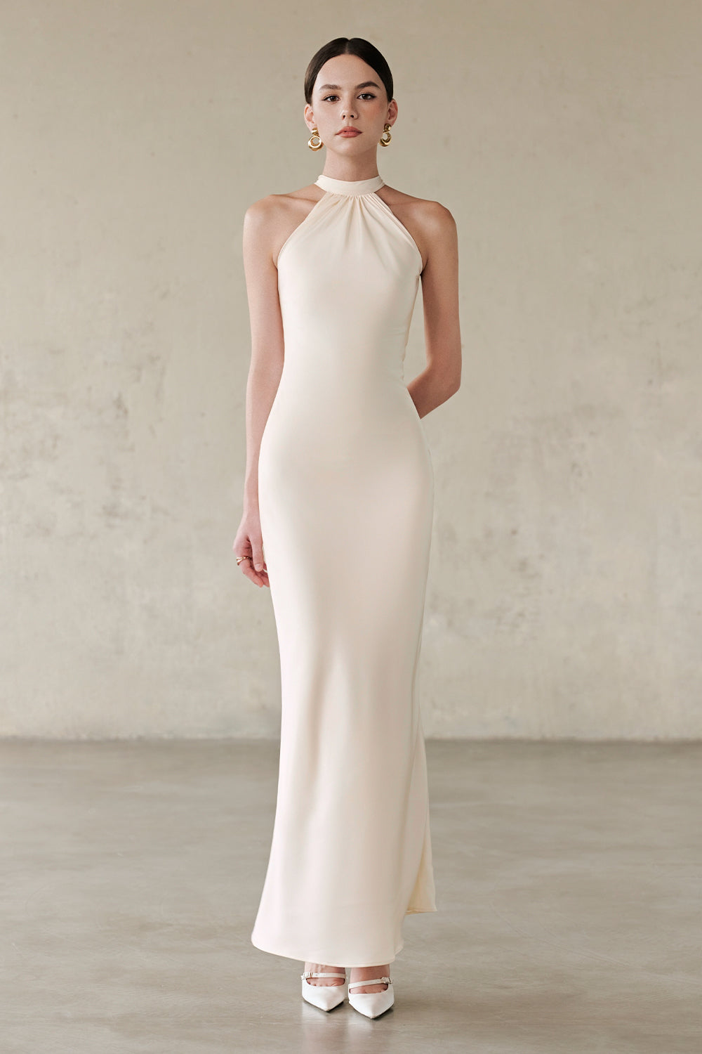 Women's Evyn Halter Neck Gathering Maxi Dress S/M/L/Customize Cream White MEAN BLVD Cream White / S