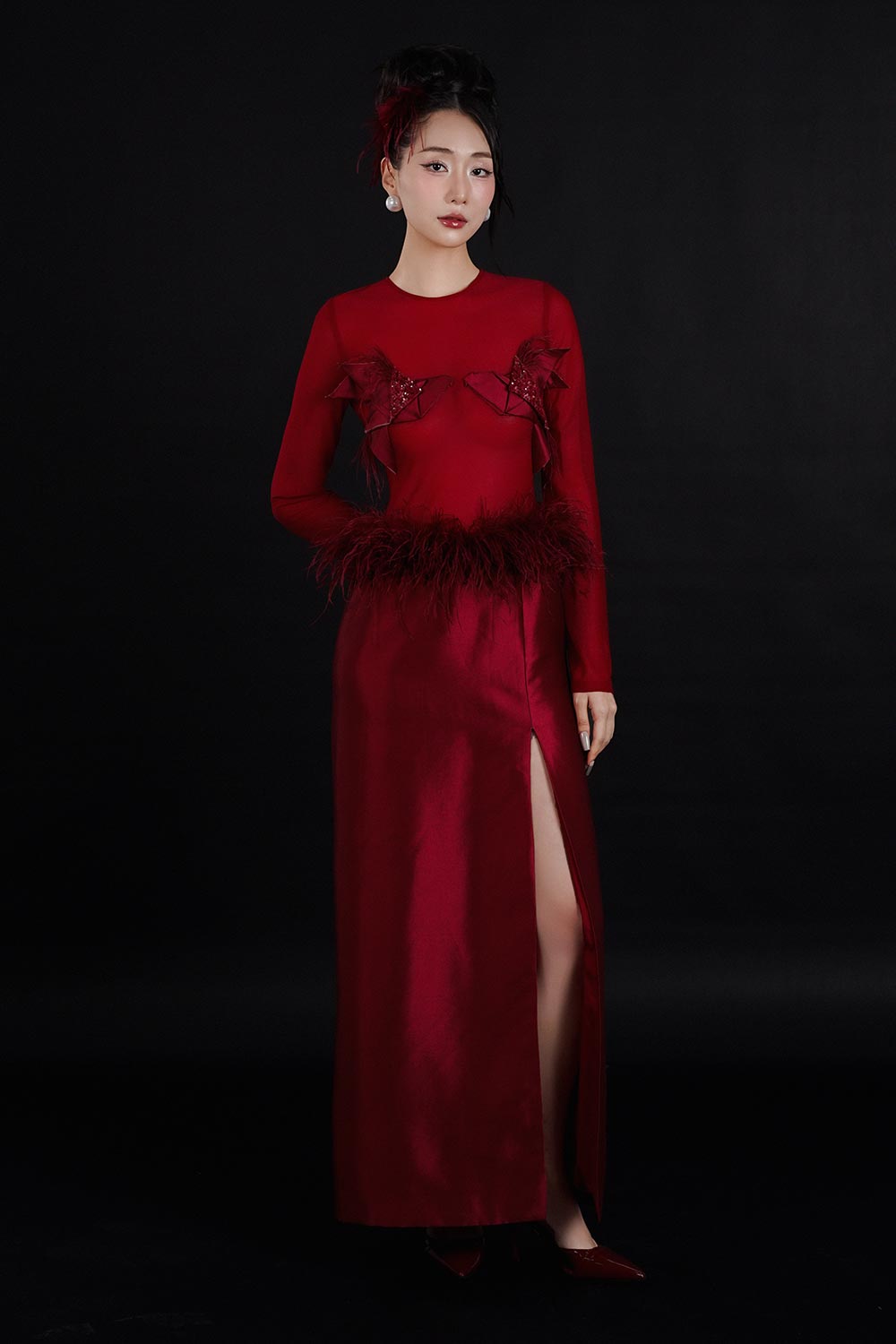 open lace back dress Red Jewel-Embellished Side Cut-Out A-Line Gown
