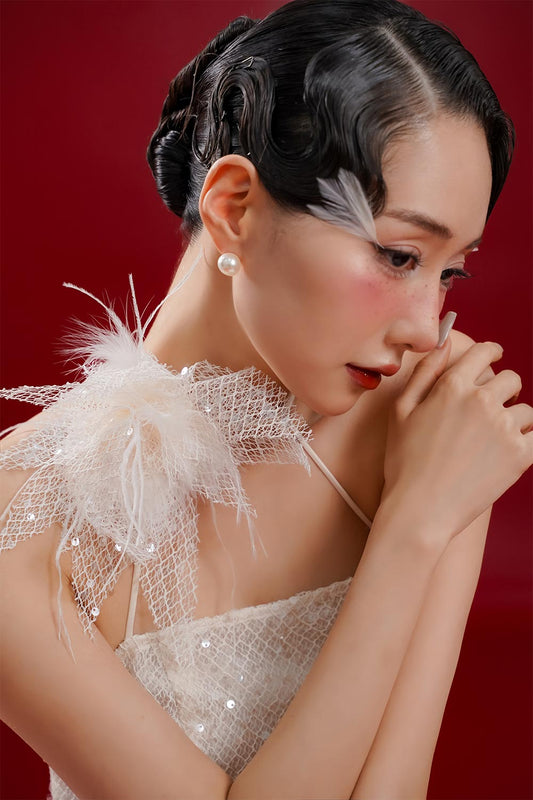 Yen Ngoc A-line Sleeveless Mesh Sequin Floor Length Ao Dai Set