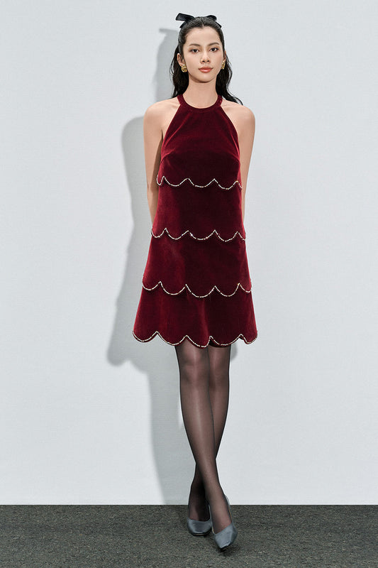 Antonella Trapezoid Halter Neck Velvet Mini Dress