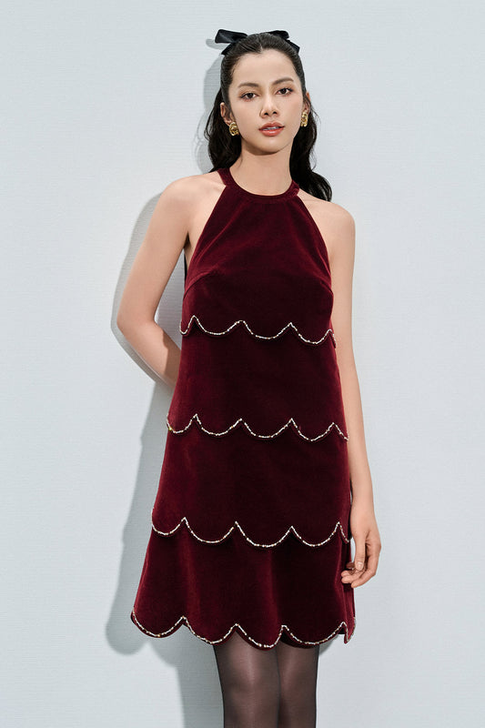 Antonella Trapezoid Halter Neck Velvet Mini Dress