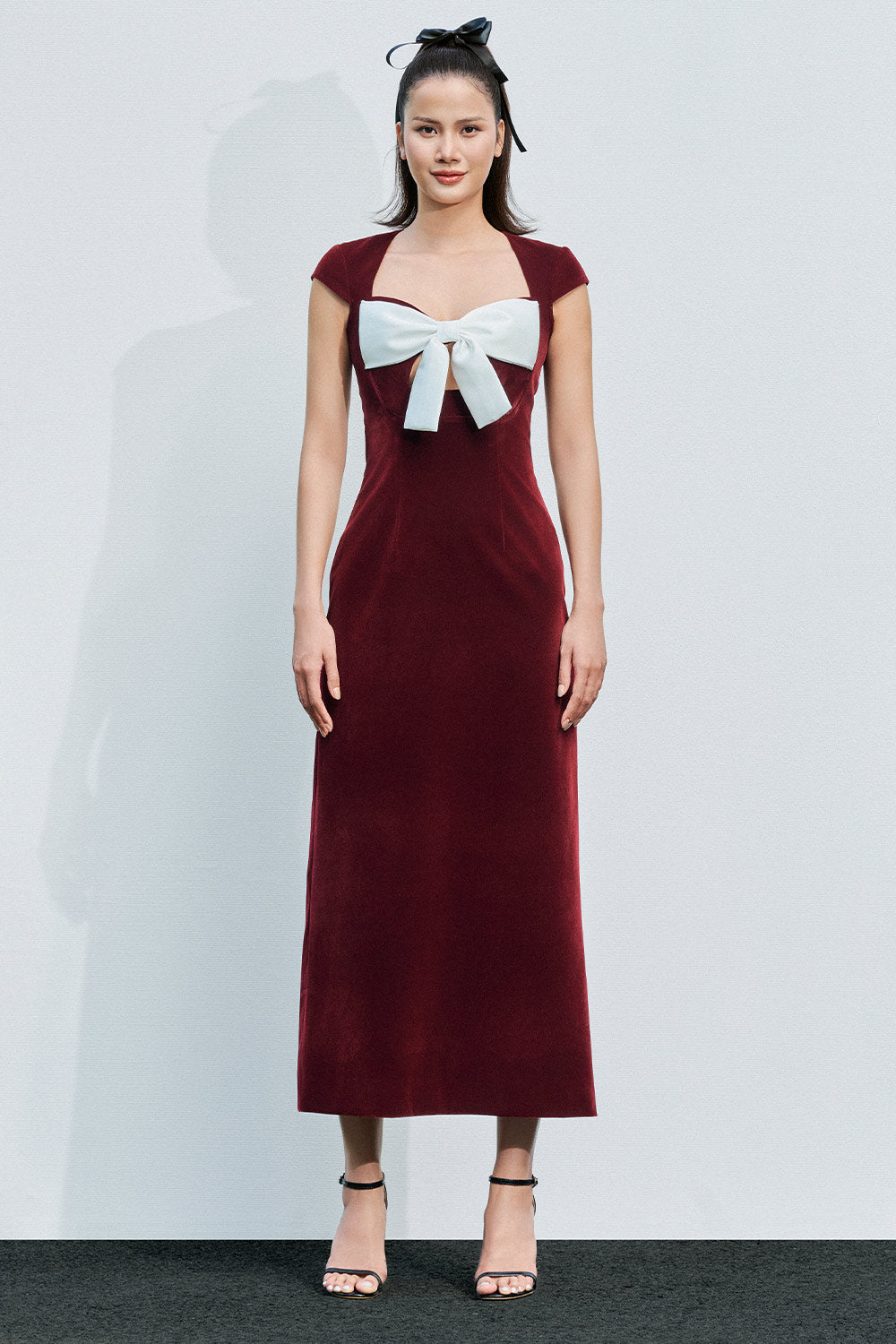Women's Madelyn A-line Queen Anne Neck Velvet Midi Dress XS/S/M/L/Customize Maroon MEAN BLVD Maroon / S