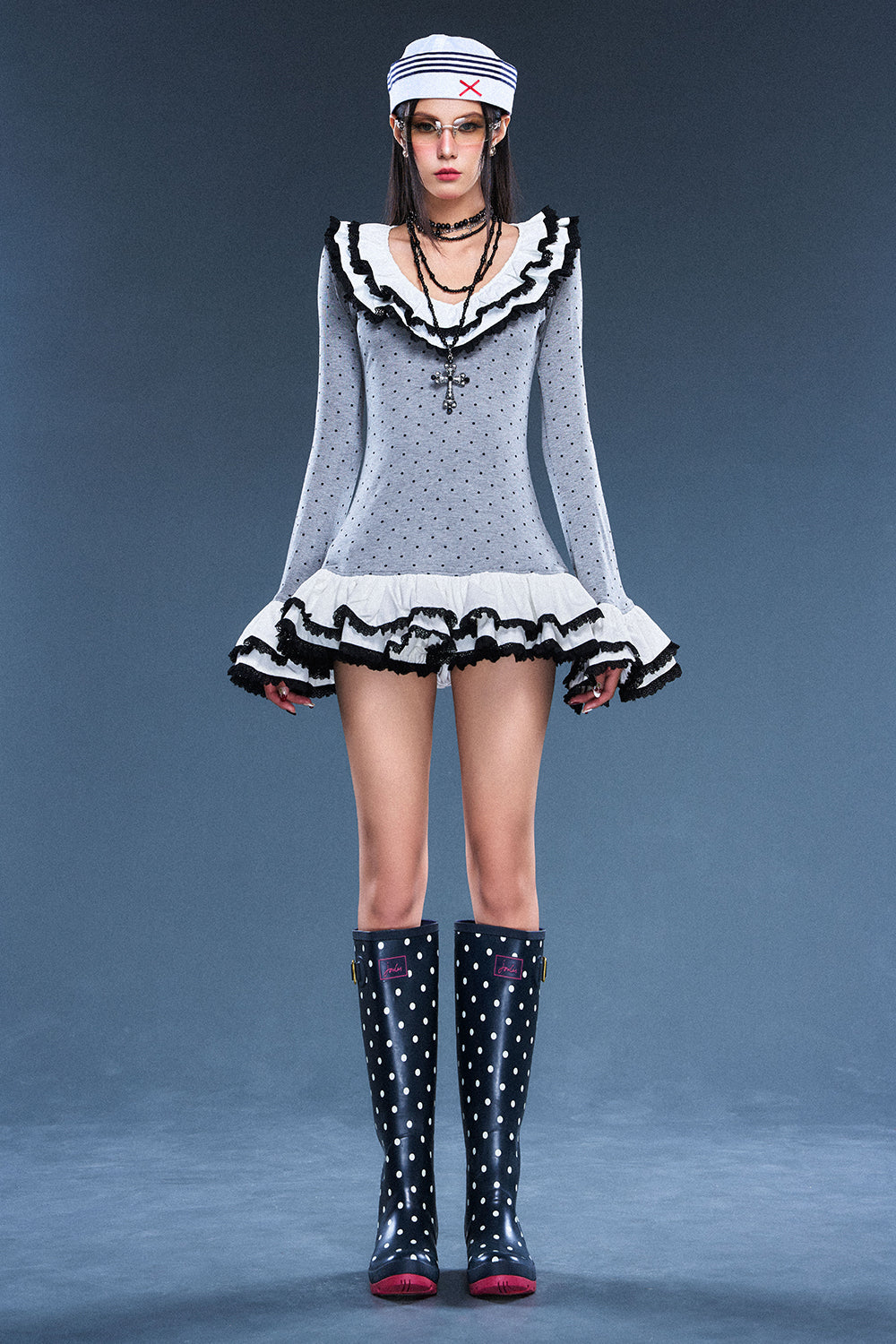 high neck ruffle mini dress Women's Fang Scoop Neck Ruffle Mini Dress S/M/L Grey & White Dots MEAN BLVD Grey & White Dots / M