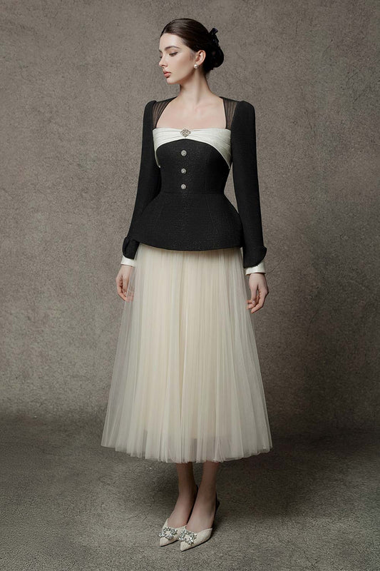 Fiona Peplum Queen Anne Neck Tweed Top