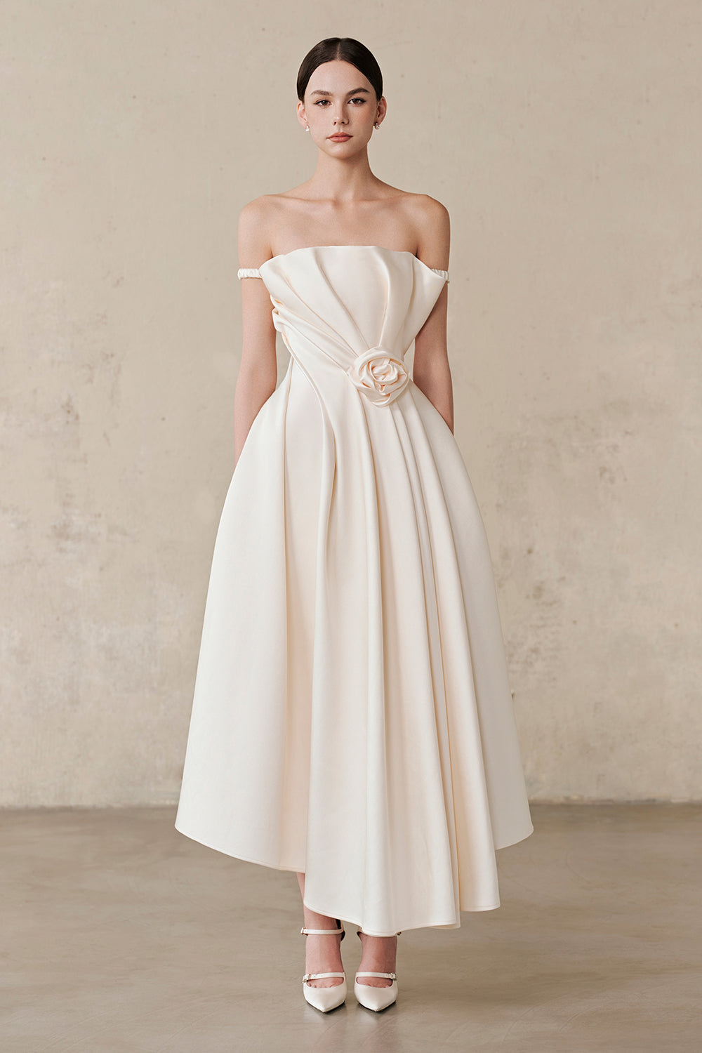 flora midi dress Women's Flora Off-Shoulder Draped Midi Dress S/M/L/Customize Cream White  MEAN BLVD