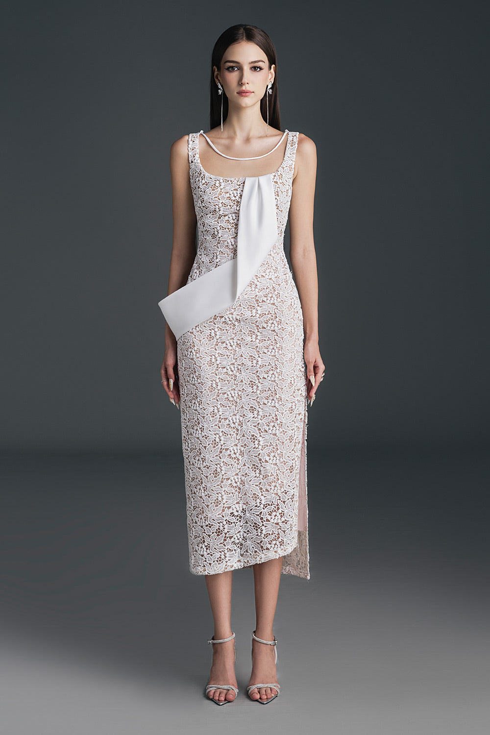 Freya Pencil Ribbon Lace Calf Length Dress - White / L Freya Pencil Ribbon Lace Calf Length Dress - White / L