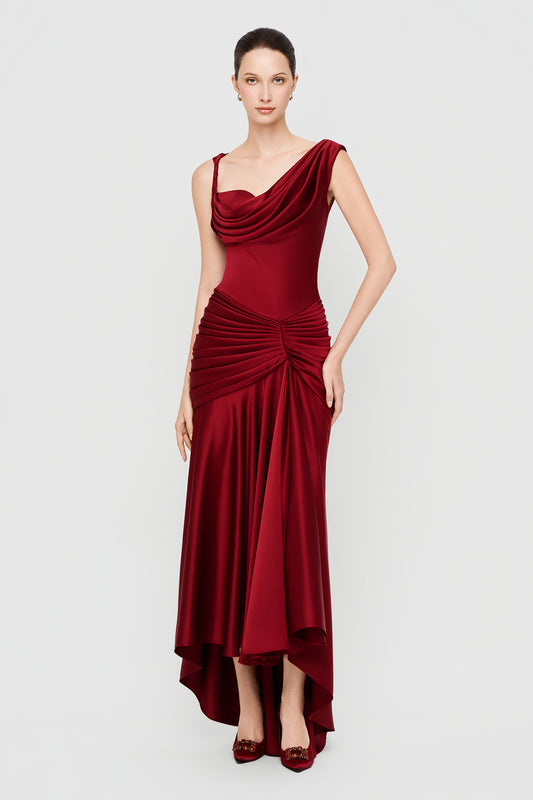 Jersey Sheath Asymmetric Satin Maxi Dress