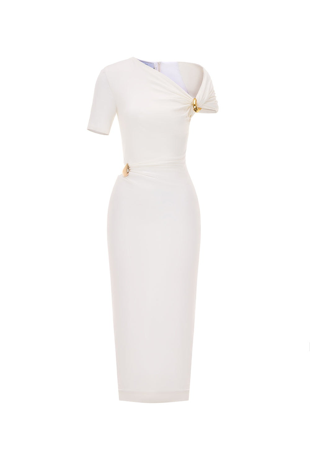 Jade Sheath Asymmetric Neck Viscose Midi Dress - White / L Jade Sheath Asymmetric Neck Viscose Midi Dress - White / L