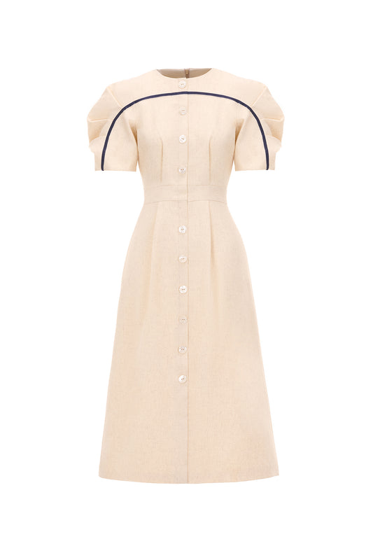 Croisant A-line Puffy Sleeved Linen Cotton Midi Dress