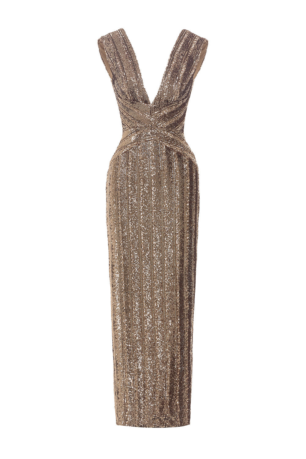 open lace back dress Duntery Feather Trimmed Straps Sequins Gown with High Slit, Blushing-Pink main image 1