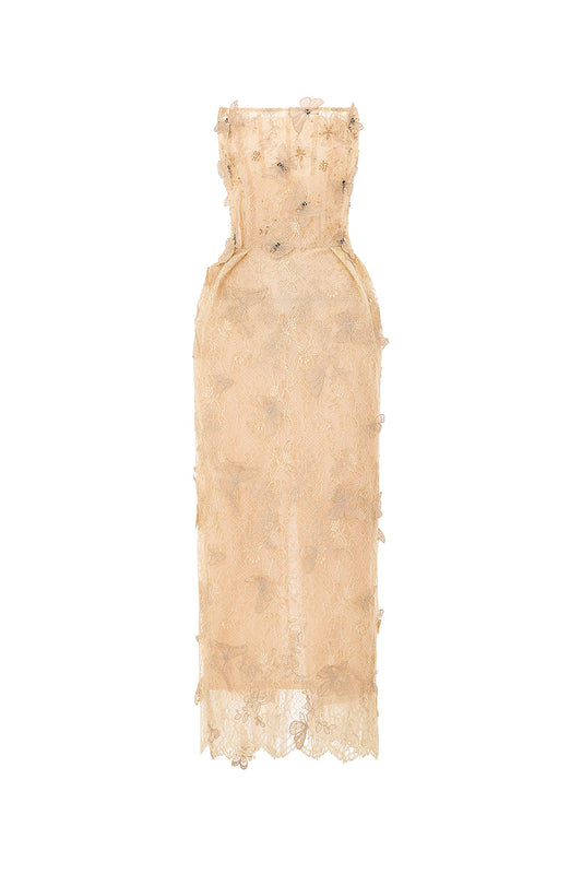 Butterfly Reverie Strapless Embroidered Lace Maxi Dress