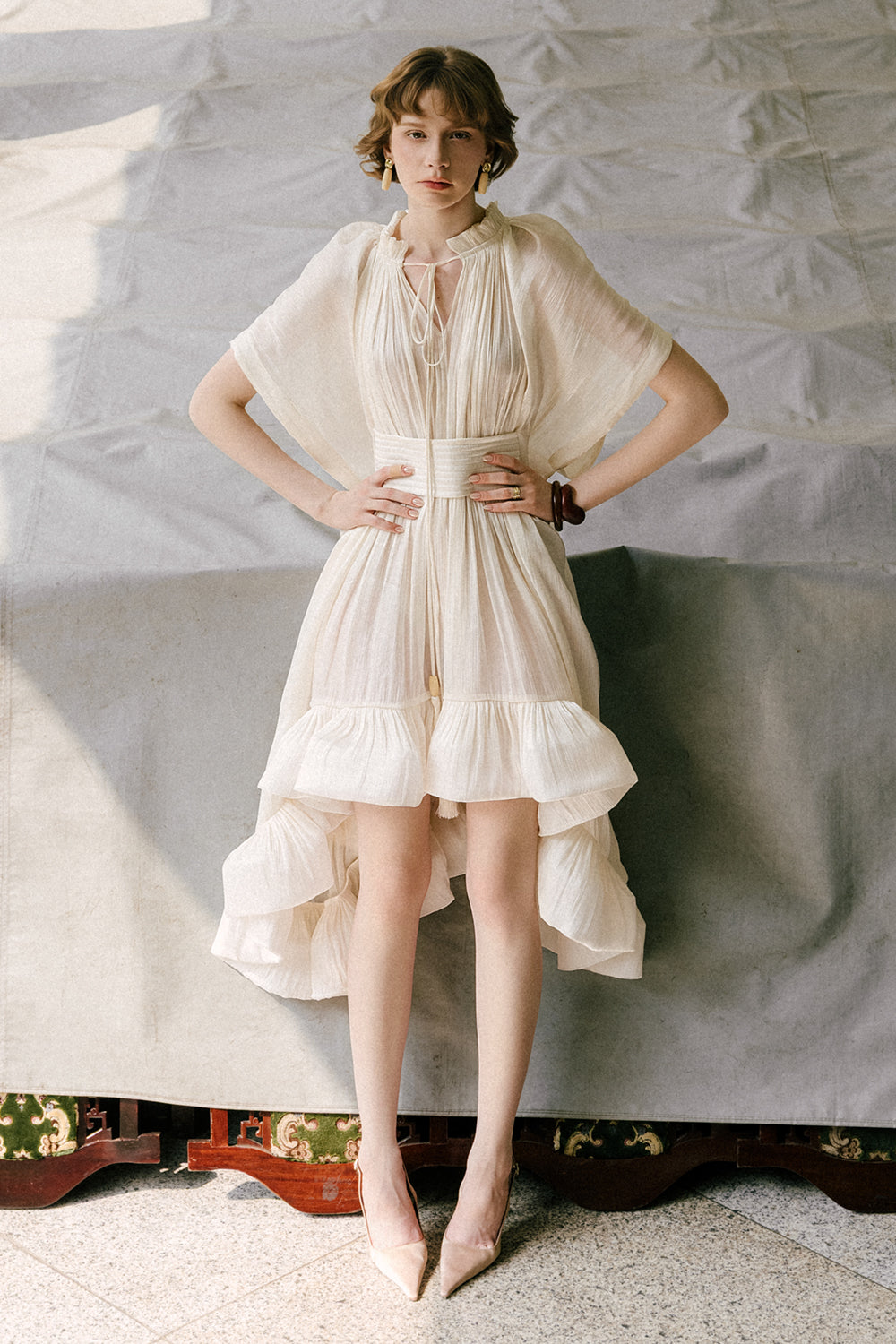 white frill midi dress Women's Gabriella Ruffle Midi Dress Ivory S/M/L/Customize MEAN BLVD, Ivory / S