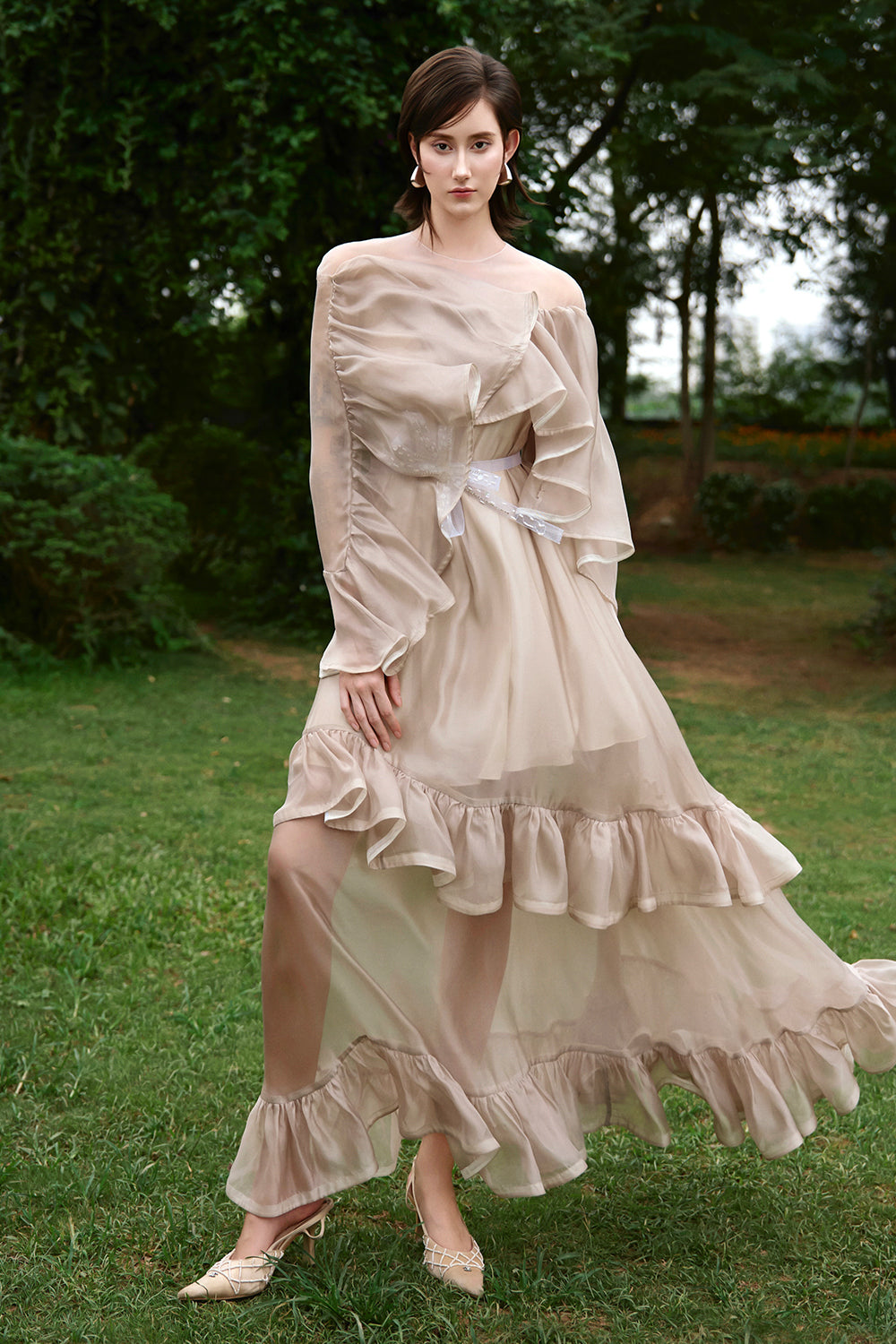 Women's Gemma Illusion Ruffle Maxi Dress XS/S/M/L/XL/Customize Gilded Beige MEAN BLVD Women's Gemma Illusion Ruffle Maxi Dress XS/S/M/L/XL/Customize Gilded Beige MEAN BLVD