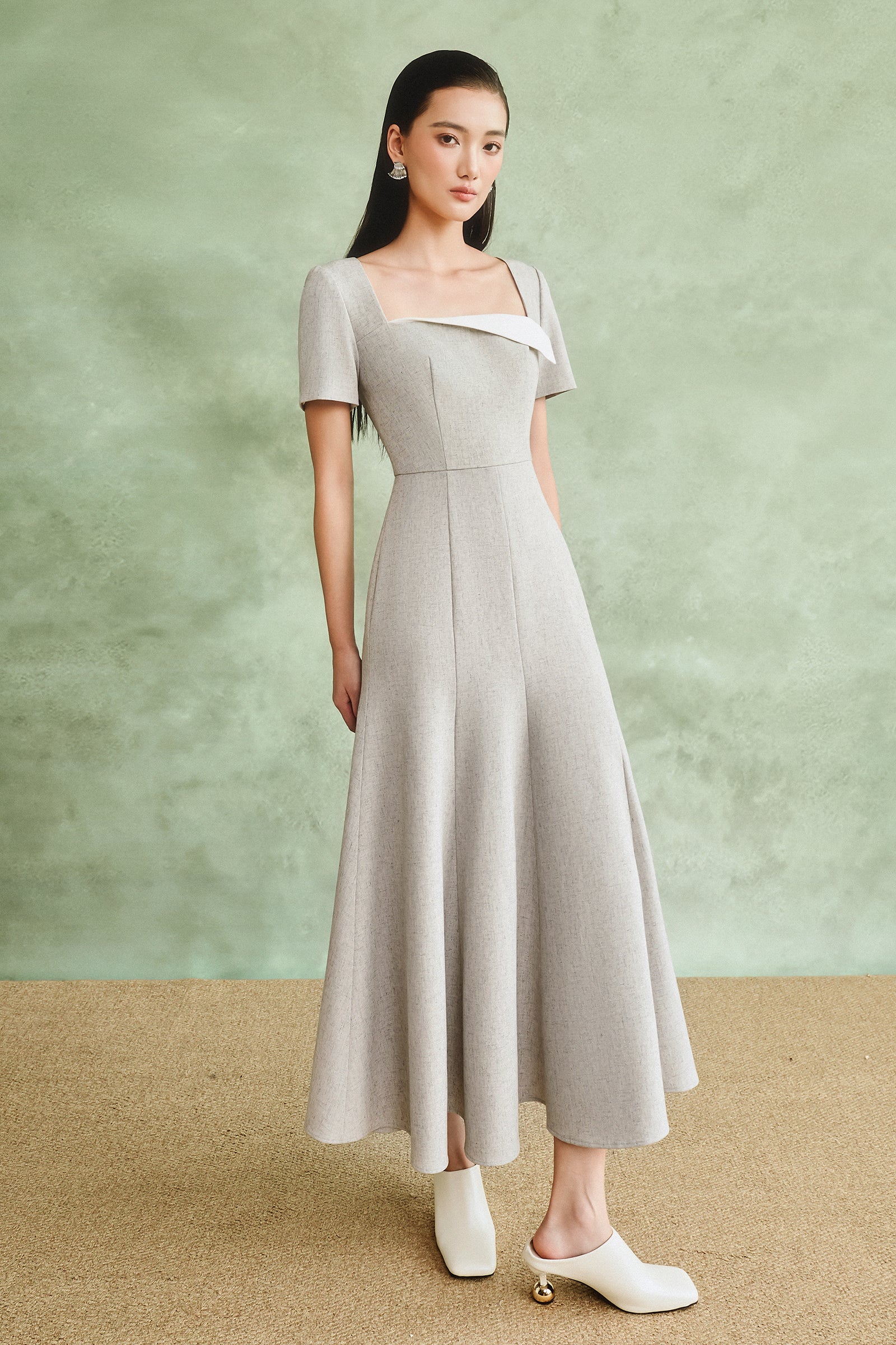 Women's Gevena Square Neck Draped Midi Dress S/M/L/Customize Light Gray  MEAN BLVD