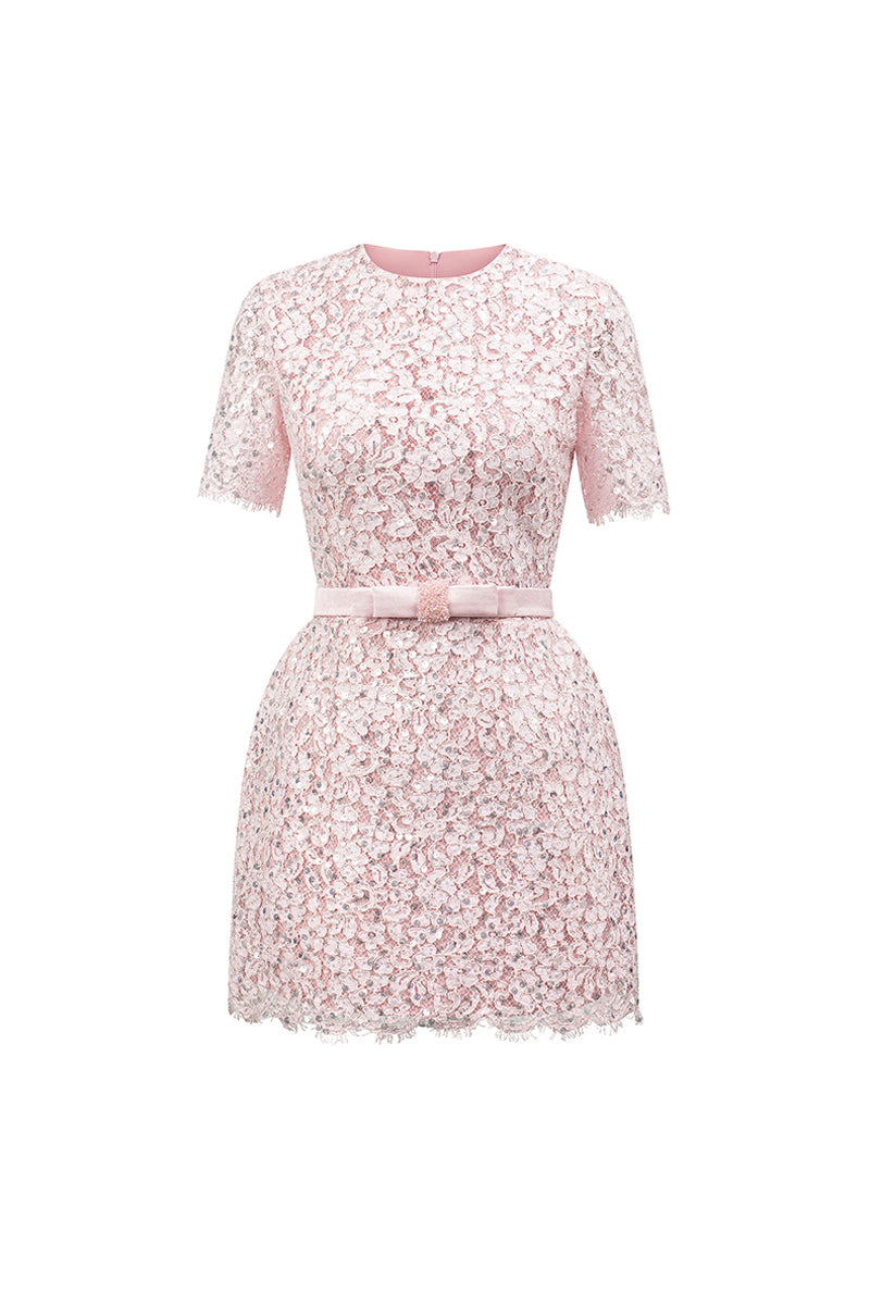 Women's Gianna Regular Sleeve Lace Mini Dress XS/S/M/L/XL/XXL/Customize Sky Blue/Ivory MEAN BLVD Whisper Pink / XL Women's Gianna Regular Sleeve Lace Mini Dress XS/S/M/L/XL/XXL/Customize Sky Blue/Ivory MEAN BLVD Whisper Pink / XL