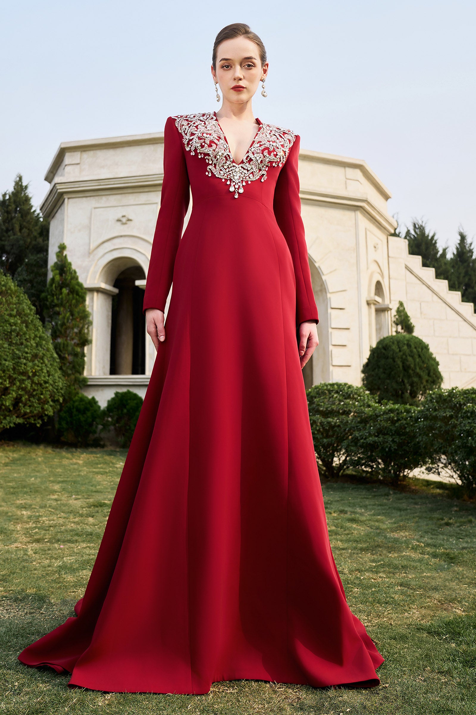 deep v neck maxi dress with sleeves Women's Hazel V-Neck Maxi Dress Deep Red XS/S/M/L/XL/XXL/Customize MEAN BLVD
