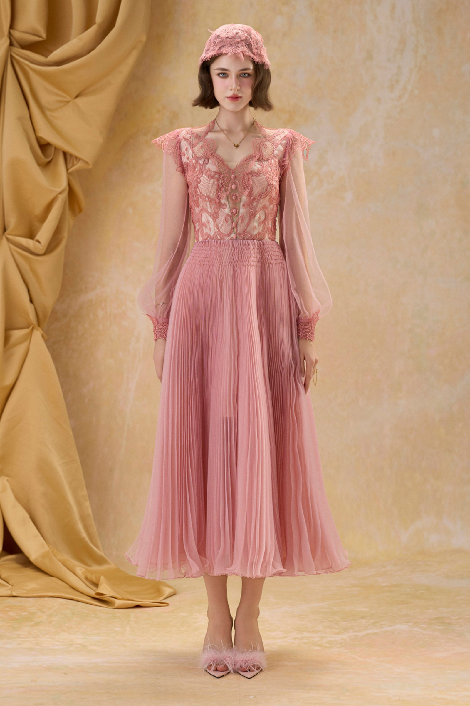 bishop sleeve midi dress Women's Helena Bishop Sleeve Pleated Midi Dress XS/S/M/L/XL/Customize  Aurora Pink MEAN BLVD