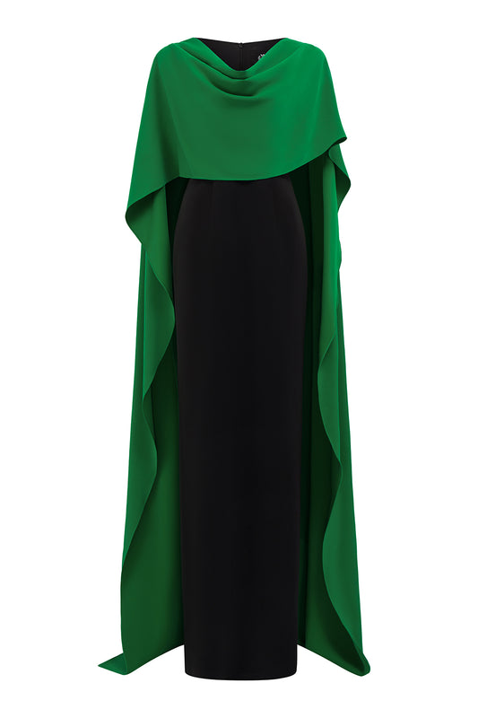 Autumn Cape V-Neck Crepe Floor Length Dress