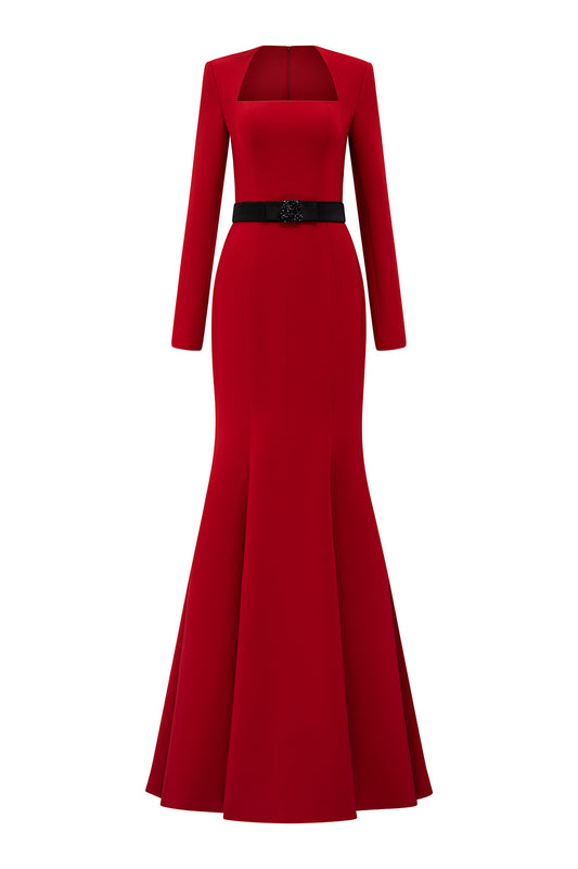 Aarna Trumpet Trapeze Neck Crepe Floor Length Dress