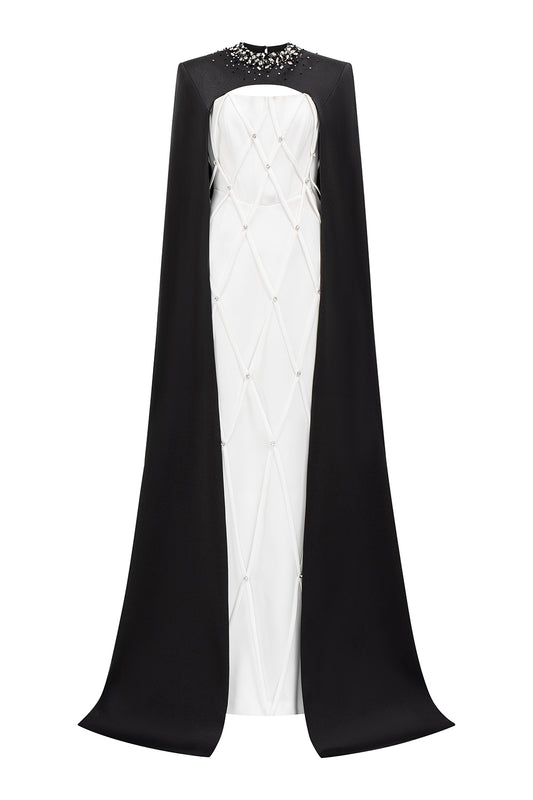 Arya Sheath Cape Shoulder Silk Crepe Floor Length Set