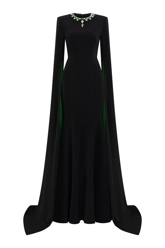 Eleanor Trumpet Hanging Sleeved Silk Crepe Floor Length Dress