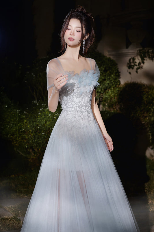 Muse Slit Flower Applique Mesh Sheer Long Length Dress