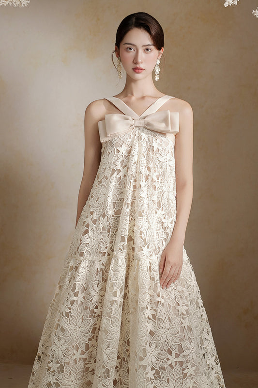 Alisa Empire Bow Lace Floor Length Dress