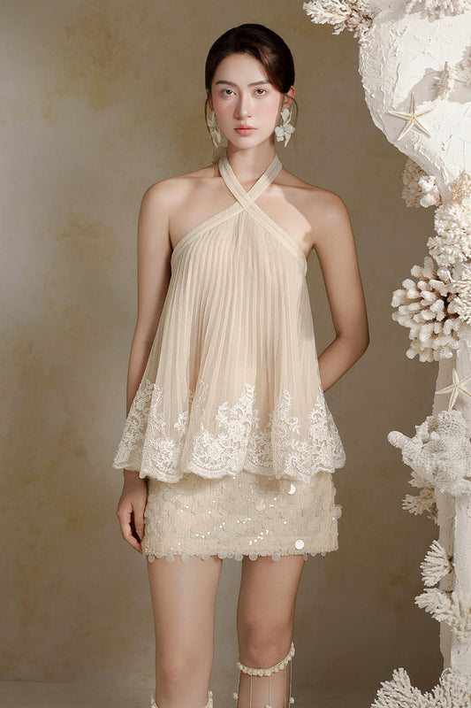 Julia Babydoll Halter Neck Crinkle Organza Top