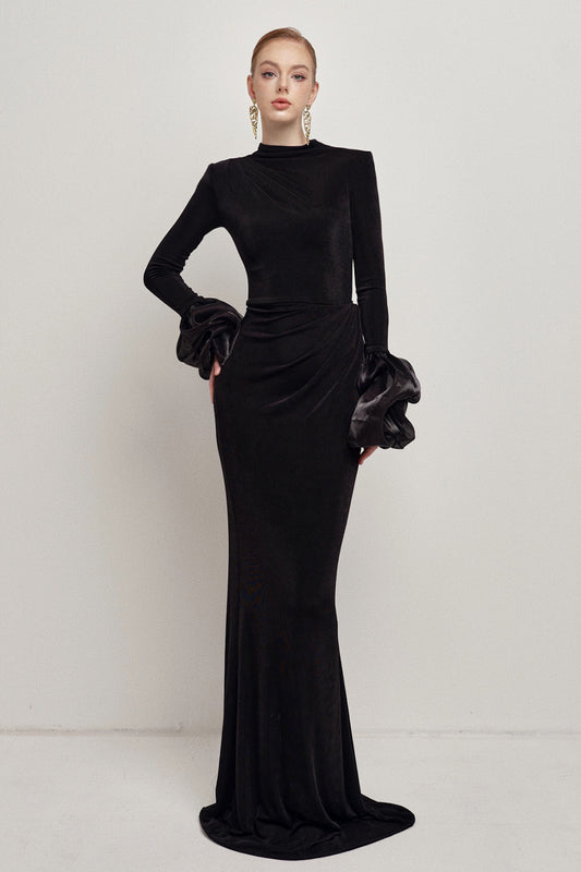 Hera Sheath Bubble Sleeved Double Knit Floor Length Dress