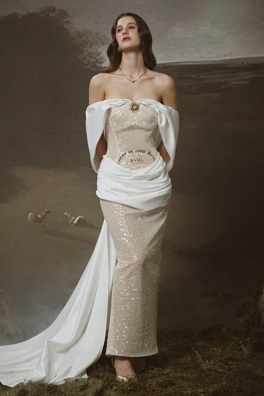 Farah Sheath Draped Sequin Ankle Length Dress