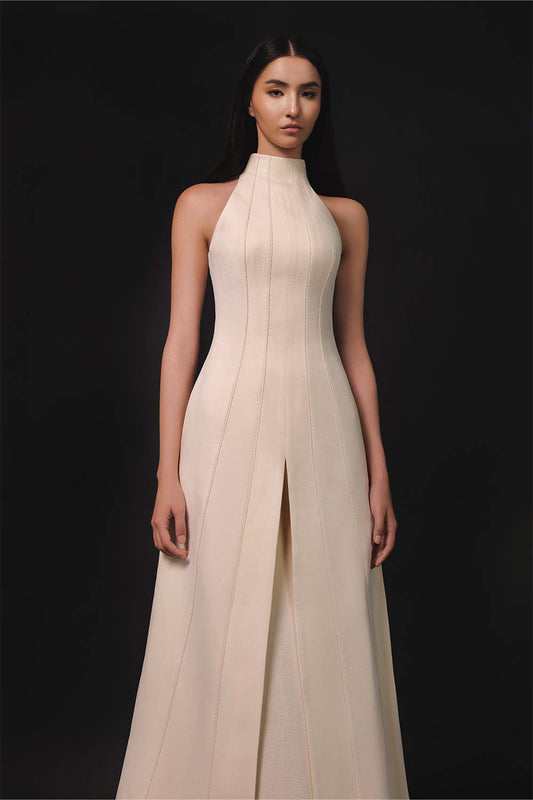 Han Yen Layered High Neck Crinkle Crepe Maxi Dress