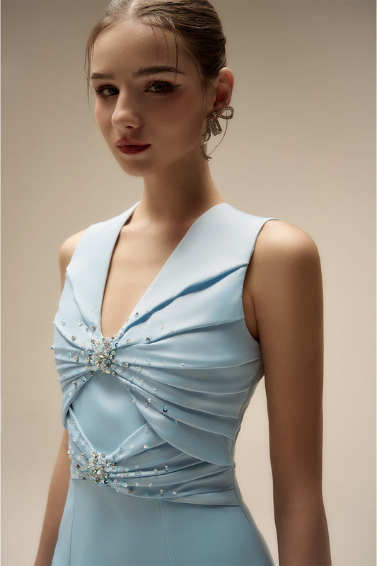 Iris A-line Plunge Neck Silk Midi Dress