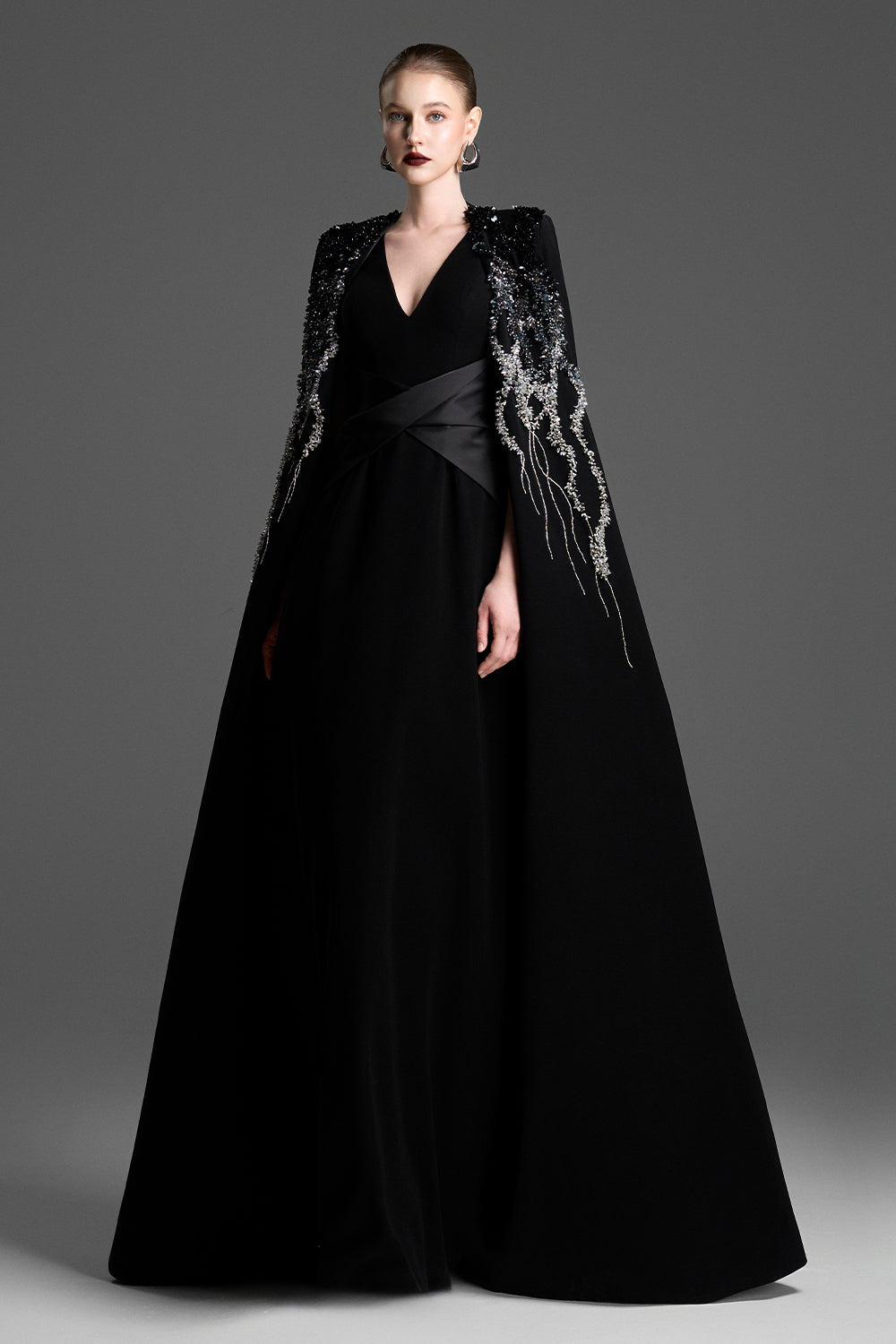 black maxi dress with cape Women's Ingrid Cape Sleeve Bead Maxi Dress XXS/XS/S/M/L/XL/XXL/Customize  Black MEAN BLVD