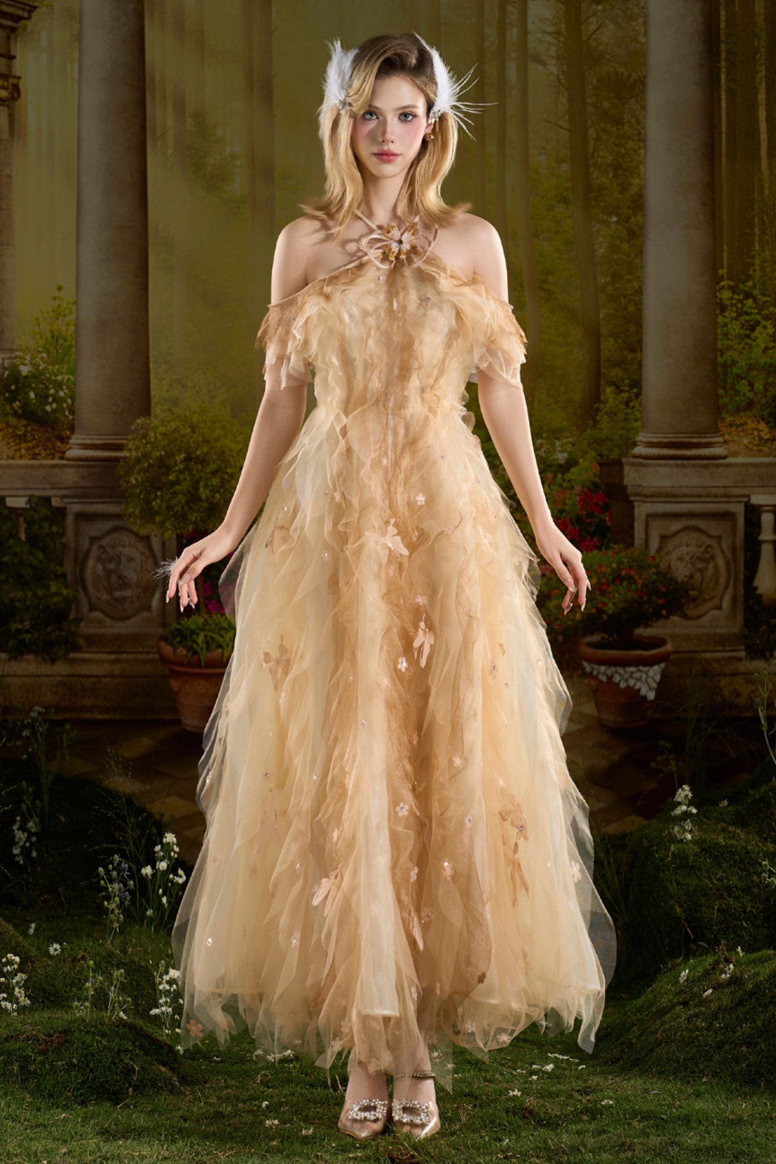 Women's Irene Butterfly Sleeve Ruffle Maxi Dress XS/S/M/L/XL/Customize Nude  MEAN BLVD