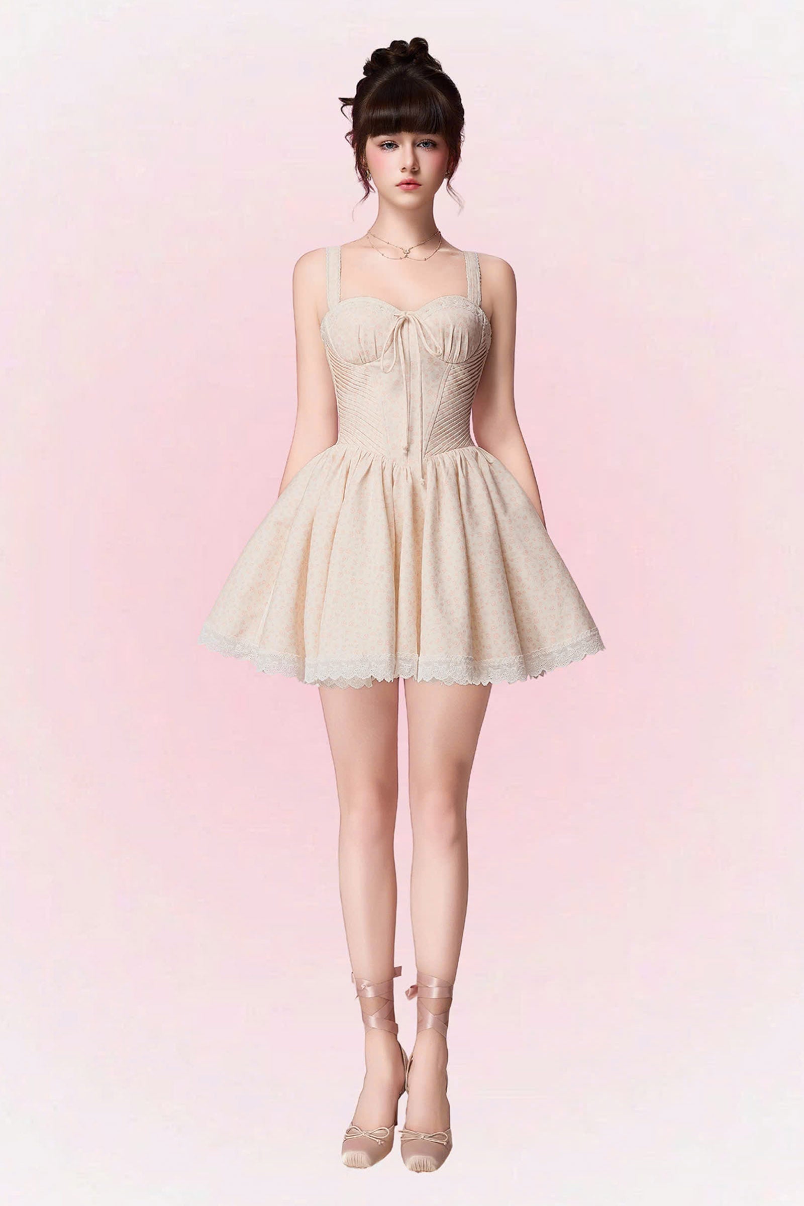 Women's Iris Sweetheart Ribbon Mini Dress XS/S/M/L/Customize Sweet Cream &  Pink Floral MEAN BLVD