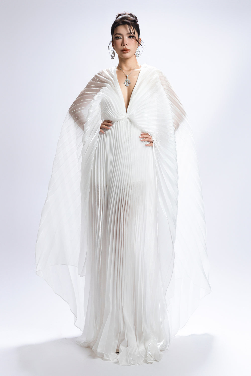 Women's Isolde V-Neck Pleated Maxi Dress S/M/L/XL/XXL/Customize White MEAN  BLVD