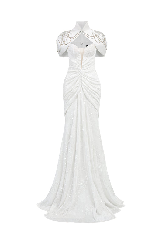 Majestic Sarong Cape Shoulder Sequin Floor Length Dress