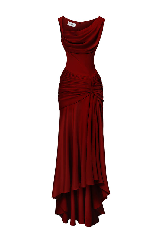 Jersey Sheath Asymmetric Satin Maxi Dress