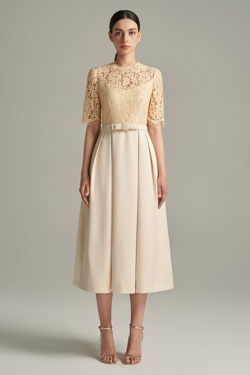a line beige dress Women's Lillian A-line Draped Lace Calf Length Dress S/M/L/XL/Customize Cream Beige MEAN BLVD Cream Beige / XL