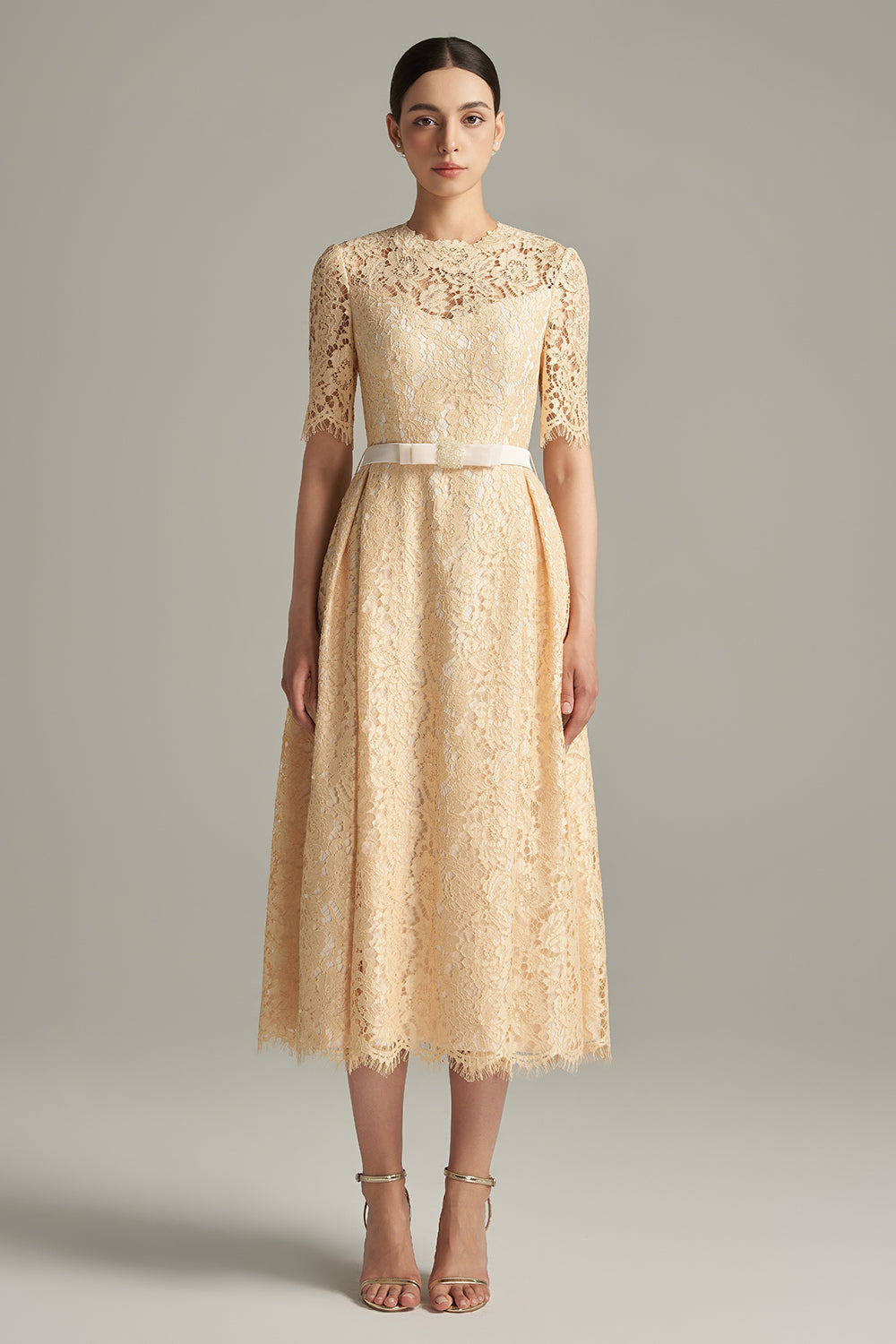 Women's Eloise A-line Round Neck Lace Calf Length Dress S/M/L/XL/Customize Cream Beige MEAN BLVD Women's Eloise A-line Round Neck Lace Calf Length Dress S/M/L/XL/Customize Cream Beige MEAN BLVD