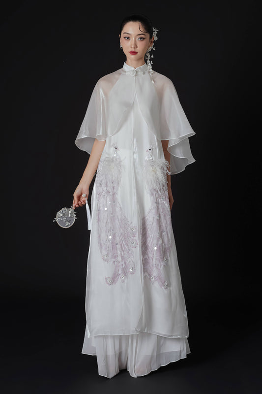 Khiet Loan Cape Sleeve Feather Ao Dai Set - MEAN BLVD