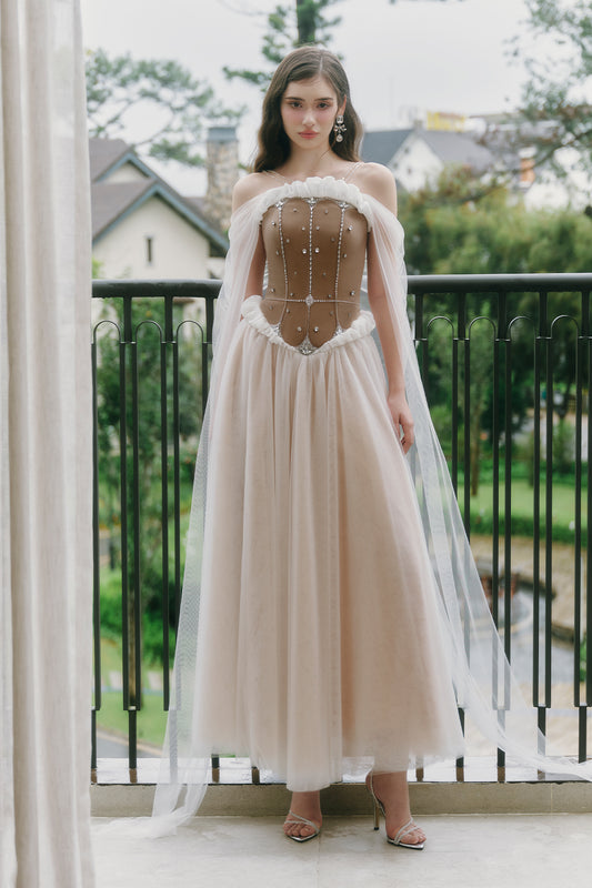 Luminous A-line Cape Sleeved Tulle Ankle Length Dress