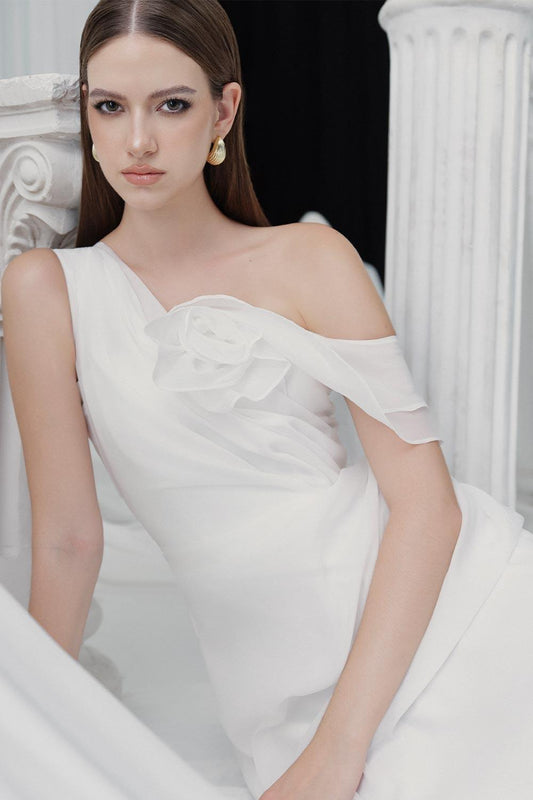 Adora A-line Asymmetric Neck Silk Organza Ankle Length Dress