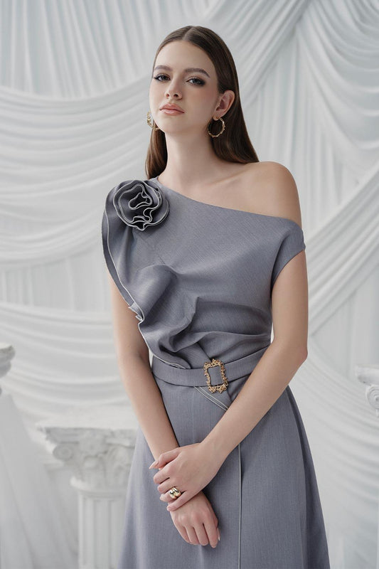 Anastasia A-line Diagonal Neck Chino Ankle Length Dress