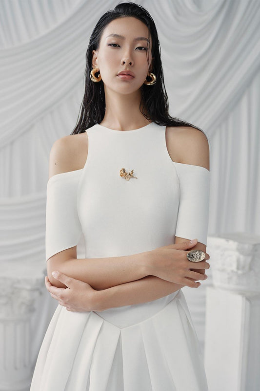 Trixie A-line Cold Shoulder Sleeved Cotton Jersey Ankle Length Dress