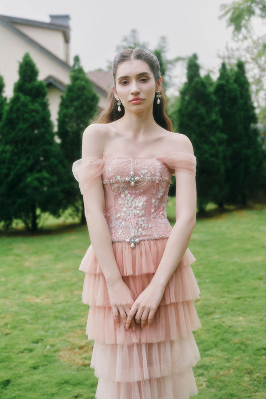 Mirabelle Layered Off-Shoulder Tulle Ankle Length Dress